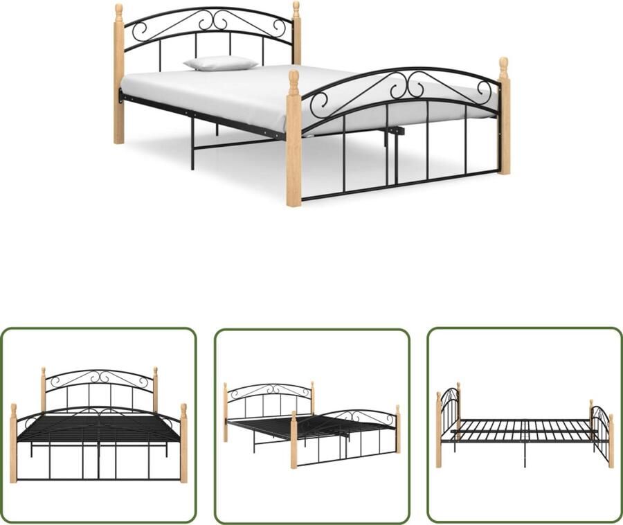 VidaXL Bedframe Metaal en Eikenhout 140x200 cm Metalen Bed Frame Houten Bed Frame Tweepersoons Bed Boxspring Bed Slaapcomfort Slaapkamersdecoratie Zwarte Bed Frame Lichte Bed Frame Modern Bed Frame Landelijk Bed Frame