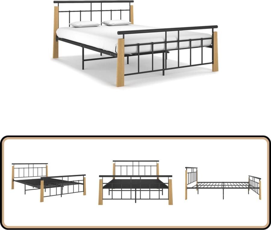 VidaXL Bedframe Metaal & Eikenhout 140x200 cm Metalen Bed Frame Tweepersoons Bed Houten Bed Frame Zwarte Bed Frame Slaapcomfort