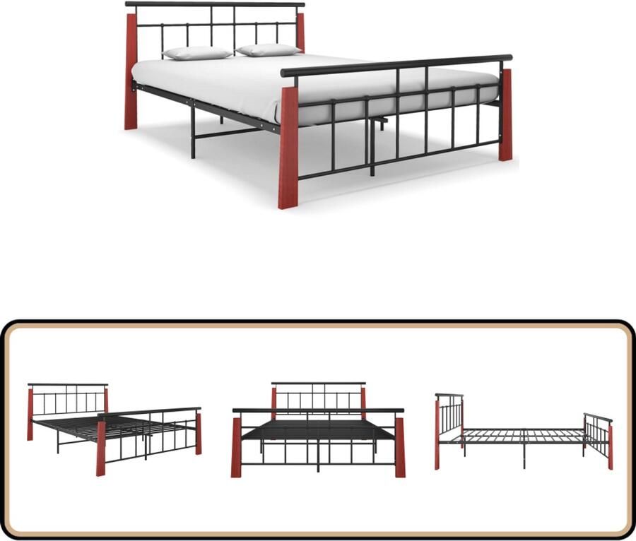 VidaXL Bedframe Metaal & Eikenhout 140x200 cm Metalen Bed Frame Tweepersoons Bed Zwarte Bedbank Houten Bed Frame Slaapcomfort
