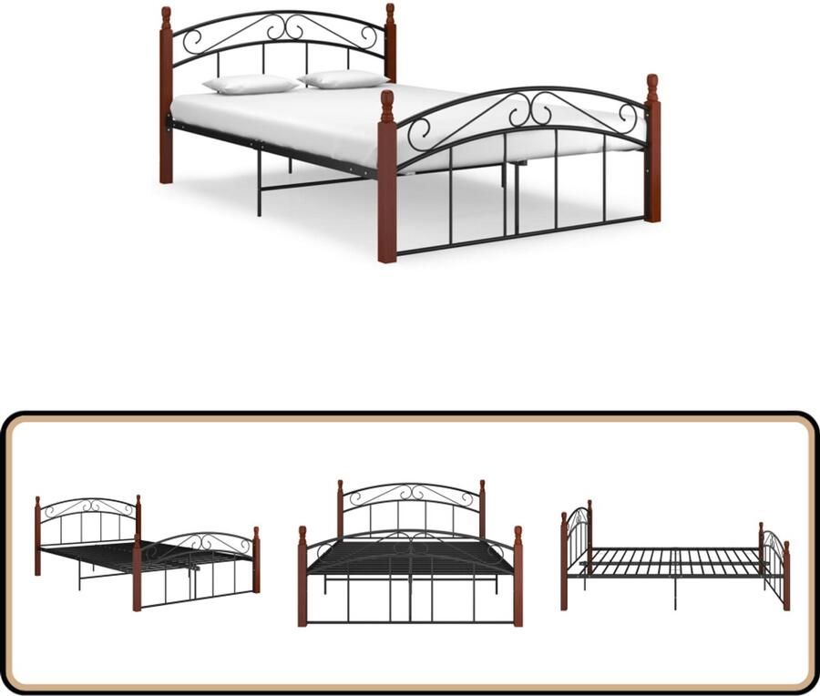 VidaXL Bedframe Metaal & Eikenhout 140x200 cm Metalen Bed Frame Tweepersoons Bed Zwarte Bedpost Houten Bed Frame Slaapcomfort