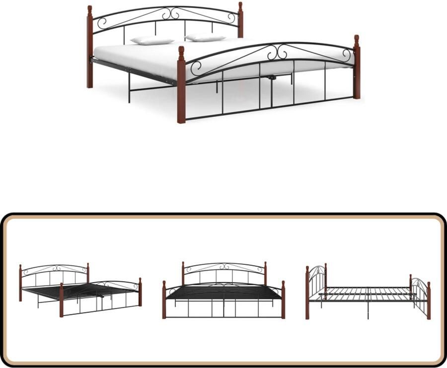 VidaXL Bedframe Metaal & Massief Eiken 180x200 cm Metalen Bed Frame Slaapcomfort Houten Bed Frame Tweepersoons Bed Boxspring Bed King Size Bed Modern Bed Minimalistisch Bed Zwarte Bed Frame Donkere Bed Frame