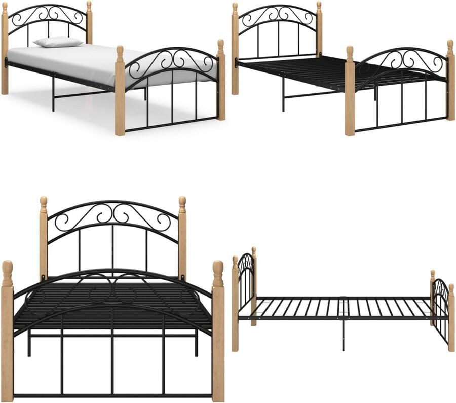 VidaXL Bedframe metaal en massief eikenhout zwart 100x200 cm Bedframe Bedframes Bed Bedden