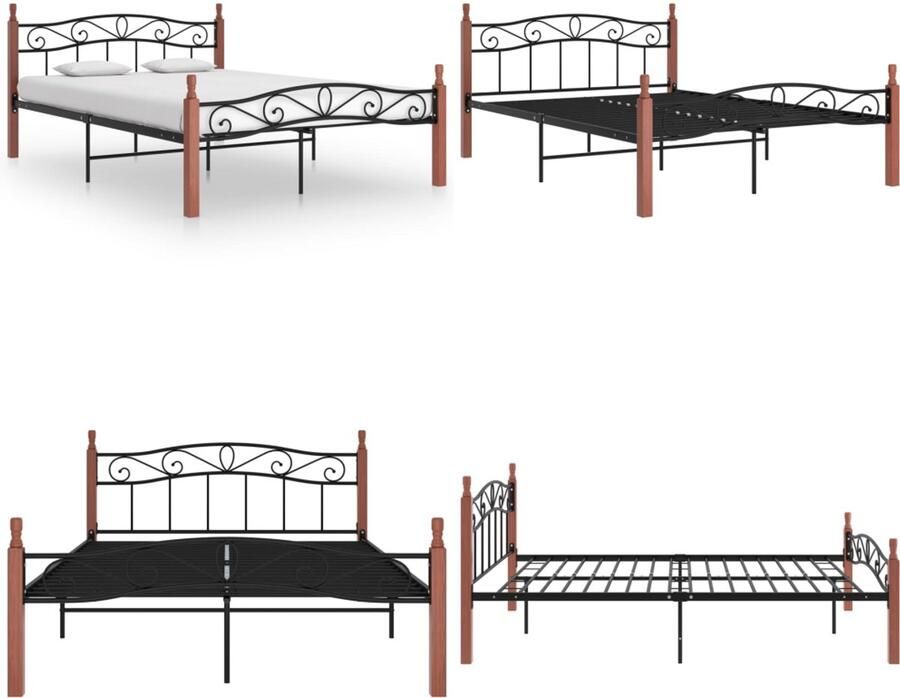 VidaXL Bedframe metaal en massief eikenhout zwart 140x200 cm Bedframe Bedframes Bed Bedden