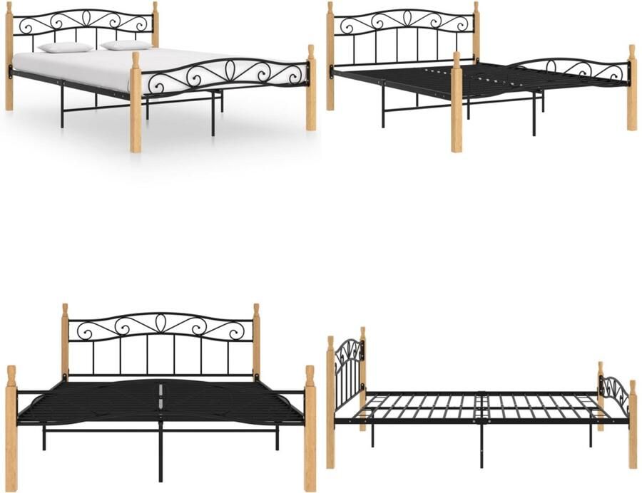 VidaXL Bedframe metaal en massief eikenhout zwart 140x200 cm Bedframe Bedframes Bed Bedden