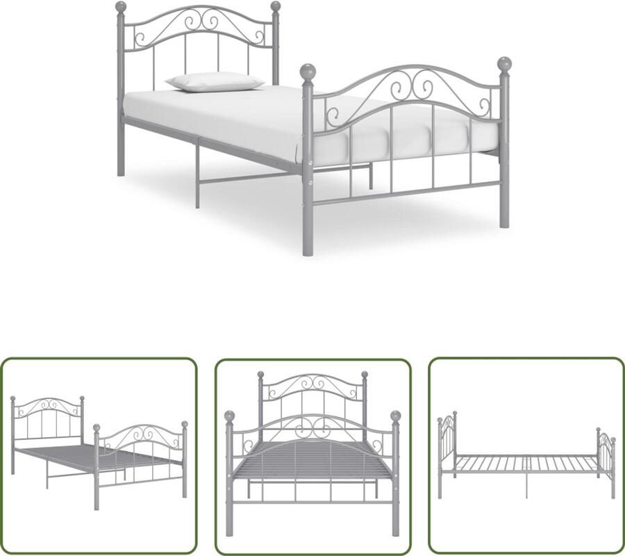 VidaXL Bedframe Metaal Grijs 100x200 cm Eenpersoonsbed Metalen Bed Frame Poedercoating Grijze Bed Slaapcomfort Slaapkamersdecoratie Budgetvriendelijk Bed Eenvoudig Te Monteren Stabiel Bed Robuust Bed