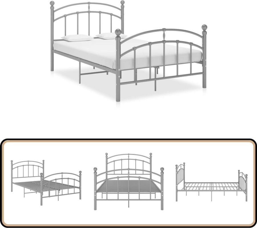 VidaXL Bedframe Metaal Grijs 120x200 cm Metalen Bedframe Tweepersoonsbed Bedframe Grijs Slaapcomfort Stapelbaar Bed Boxspring Bed Hoofdbord Slatted Frame Design Bed Modern Bed Minimalistisch Bed