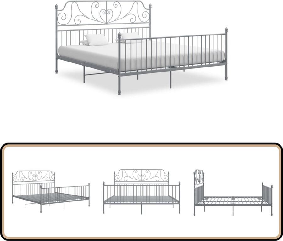 VidaXL Bedframe Metaal Grijs 180x200 cm Metalen Bed Frame Grijs Bed Frame Tweepersoons Bed Boxspring Bed Hoofdbord Slatted Frame Slaapcomfort Design Bed Moderne Slaapkamer Budget Friendly Bed