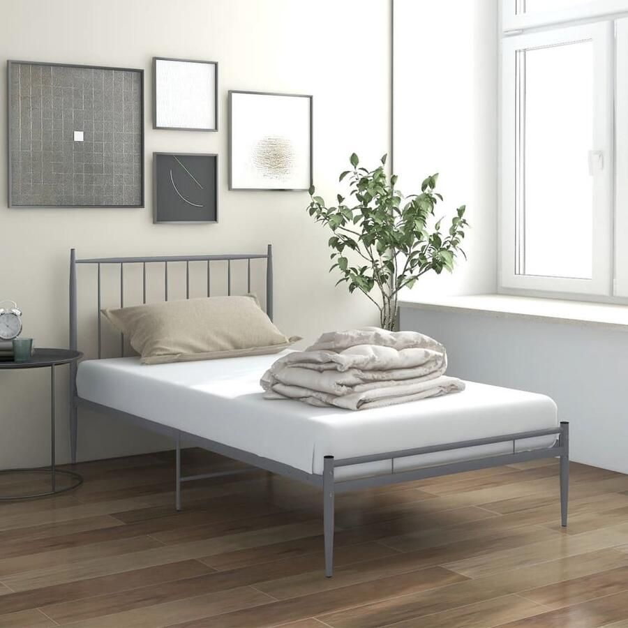 VidaXL Bedframe Metaal Grijs 90x200 cm Metal Frame Metal Bed Grijze Bedframe Eenpersoonsbed Slaapcomfort Bed Voor Volwassenen Eenvoudig Te Monteren Compact Design Stijlvol Bed - Foto 2