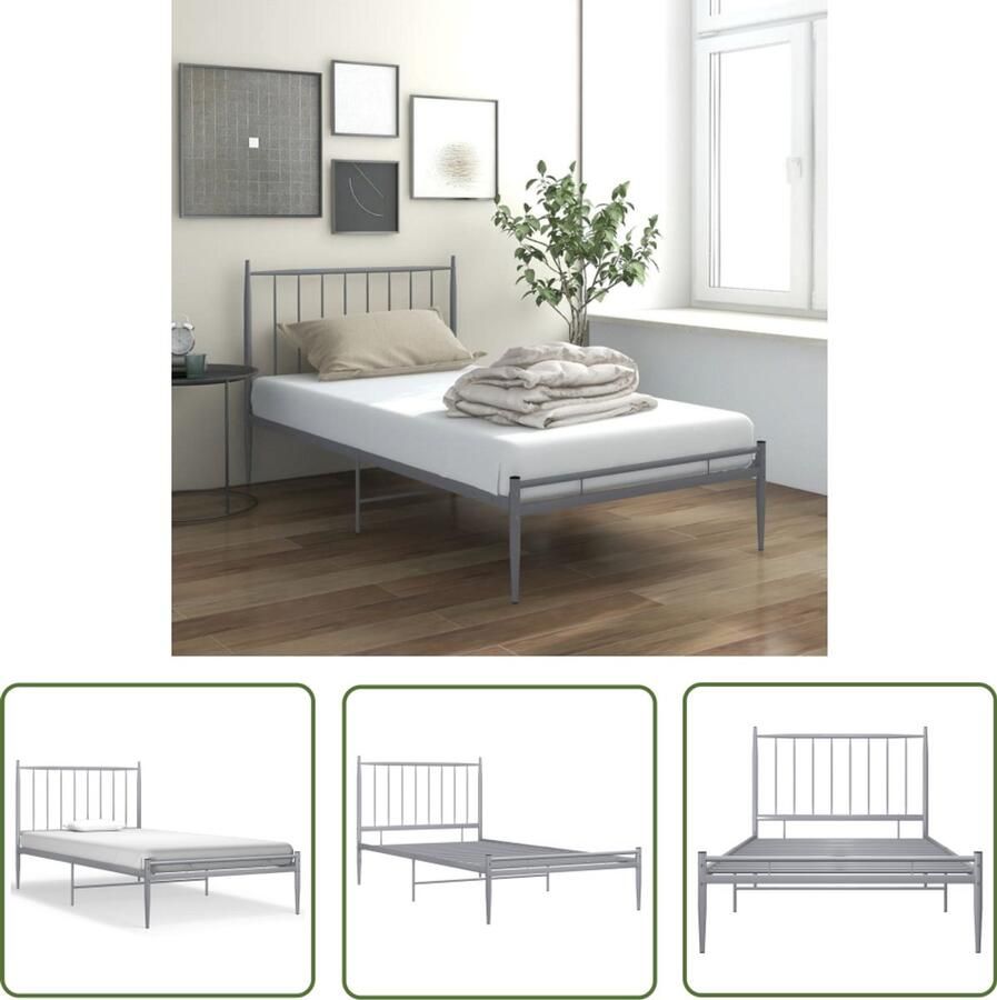VidaXL Bedframe Metaal Grijs 90x200 cm Metal Frame Metal Bed Grijze Bedframe Eenpersoonsbed Slaapcomfort Bed Voor Volwassenen Eenvoudig Te Monteren Compact Design Stijlvol Bed
