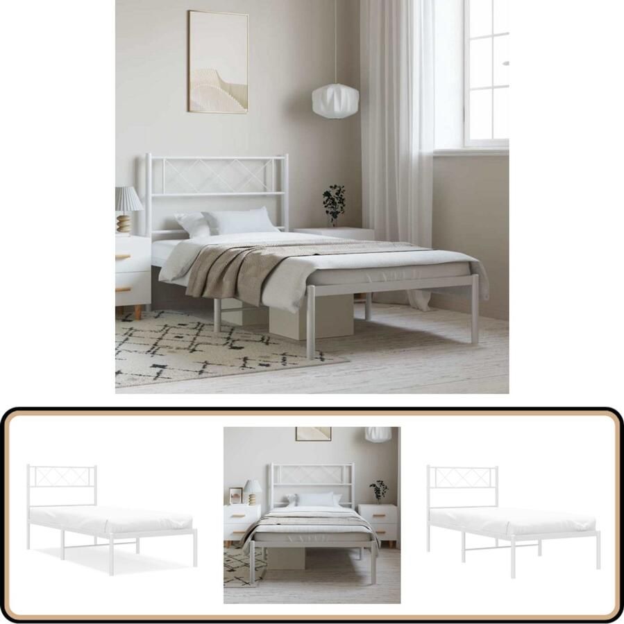 VidaXL Bedframe Metaal Wit 100x190 cm Metalen Bed Frame Klassiek Bed Robuust Bed Met Opbergruimte Witte Bed