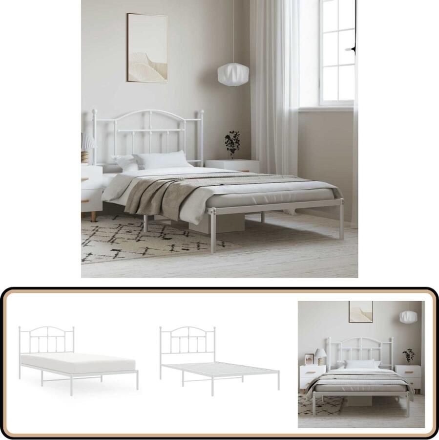 VidaXL Bedframe Metaal Wit 100x200 cm Met Hoofdbord Robuust Bed Frame Klassiek Bedframe Metalen Bedframe Wit Bedframe Tweepersoons Bedframe