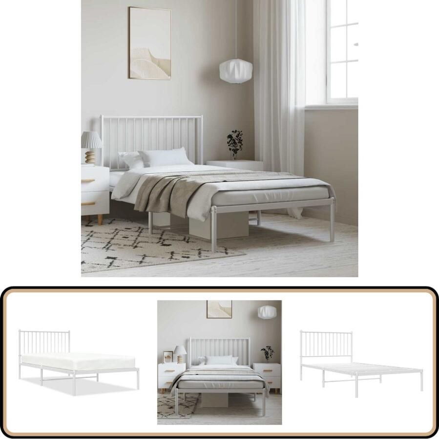 VidaXL Bedframe Metaal Wit 100x200 cm Robuust Bed Frame Klassiek Bed Houten Bed Tweepersoons Bed Witte Bed