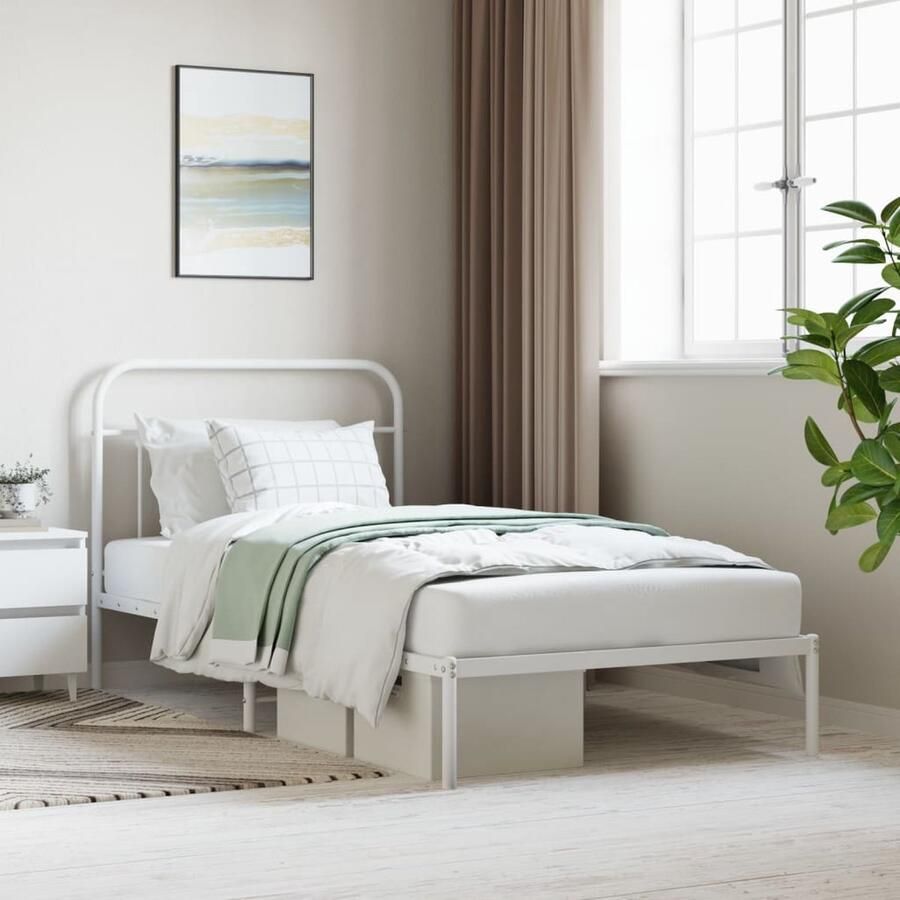 VidaXL Bedframe Metaal Wit 107x203 cm Klassieke Bed Frame Metalen Bedframe Tweepersoons Bed Witte Bed Frame Bed Met Hoofdbord Bed Frame Met Opbergruimte - Foto 2
