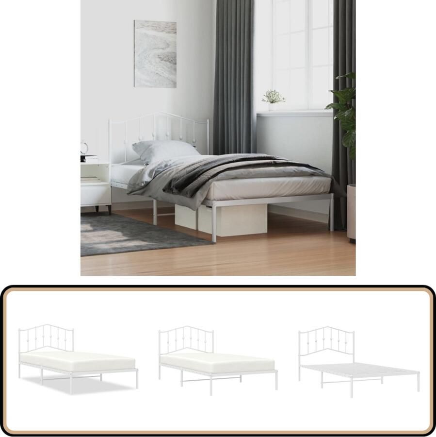 VidaXL Bedframe Metaal Wit 107x203 cm Klassieke Bed Frame Metalen Bedframe Tweepersoons Bed Witte Bed Met Hoofdbord