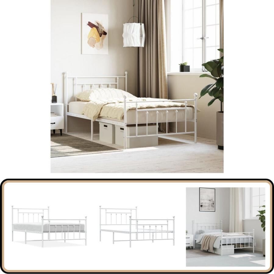 VidaXL Bedframe Metaal Wit 107x203 cm Robuust Bed Frame Klassiek Bed Houten Bed Tweepersoons Bed Witte Bed