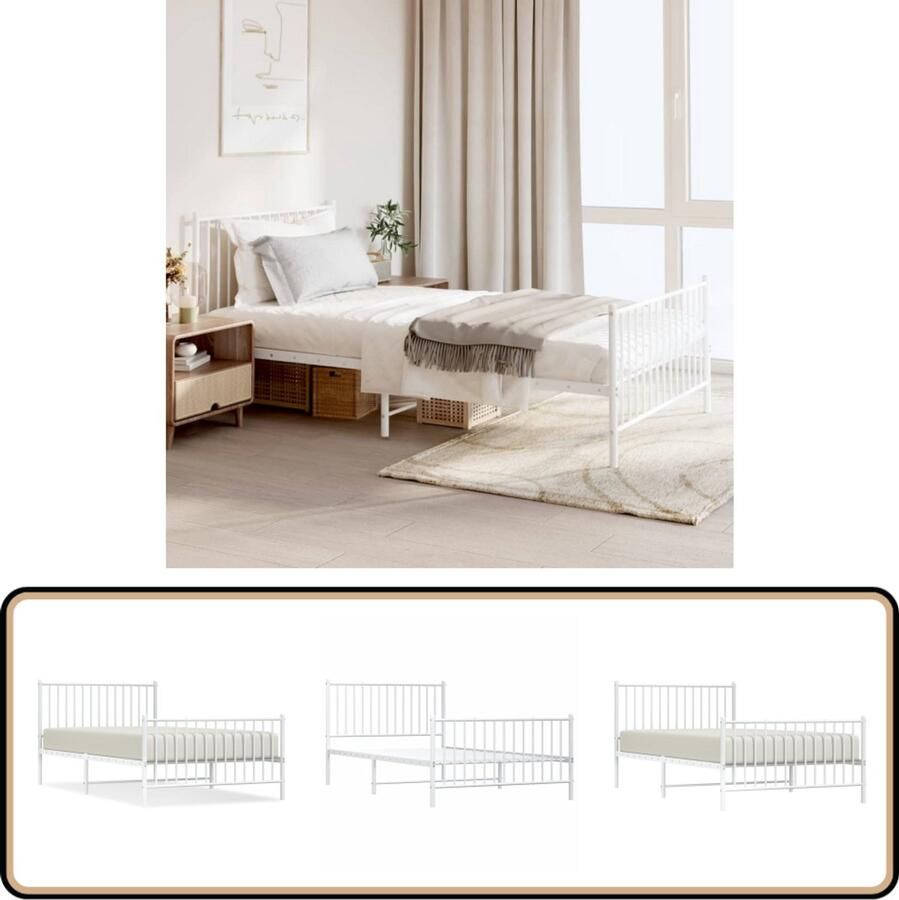 VidaXL Bedframe Metaal Wit 107x203 cm Robuust Bed Frame Klassiek Bed Wit Bed Frame Metalen Bed Frame Staal Bed Frame