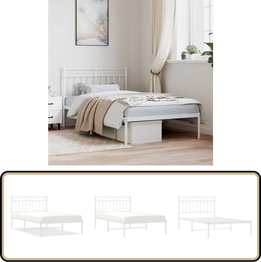 VidaXL Bedframe Metaal Wit 107x203 cm Robuust Bed Frame Klassiek Bedframe Metalen Bedframe Wit Bedframe Tweepersoons Bed Comfortabel Bed Met Opbergruimte