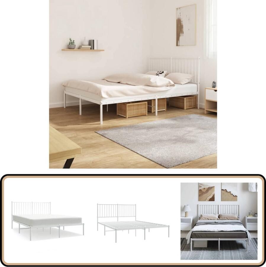 VidaXL Bedframe Metaal Wit 135x190 cm Robuust Bed Frame Klassiek Bed Staal Bedframe Wit Bed Slaapcomfort