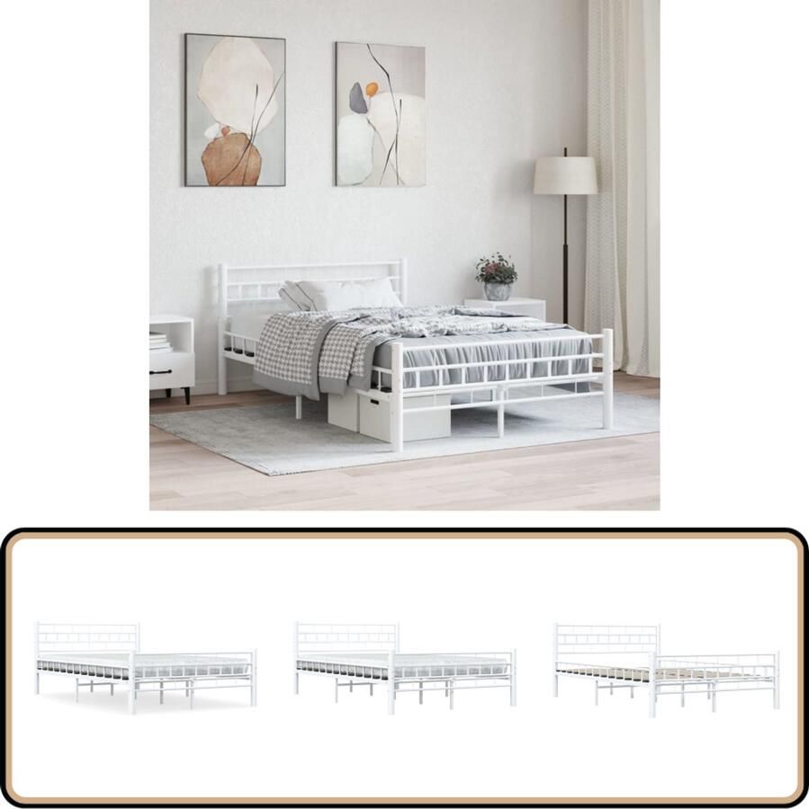 The Living Store Metalen Bedframe Klassieke en elegante uitstraling Stevige lattenbodem Eenvoudig te monteren Kleur- wit Afmetingen- 210 x 147 x 76 cm Geschikt voor matras 140 x 200 cm