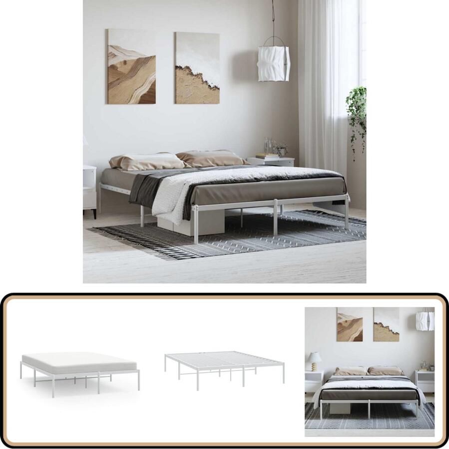 VidaXL Bedframe Metaal Wit 150x200 cm Klassieke Bed Frame Metalen Bedframe Tweepersoons Bed Witte Bed Met Opbergruimte