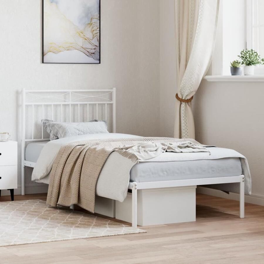 VidaXL Bedframe Metaal Wit 90x200 cm Klassieke Bedframe Houten Bedframe Wit Bedframe Met Hoofdbord Bedframe Met Opbergruimte Staal Bedframe Tweepersoons Bedframe - Foto 2