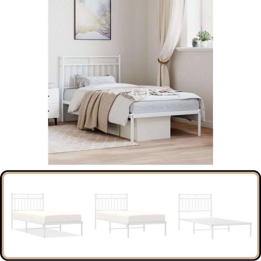 VidaXL Bedframe Metaal Wit 90x200 cm Klassieke Bedframe Houten Bedframe Wit Bedframe Met Hoofdbord Bedframe Met Opbergruimte Staal Bedframe Tweepersoons Bedframe