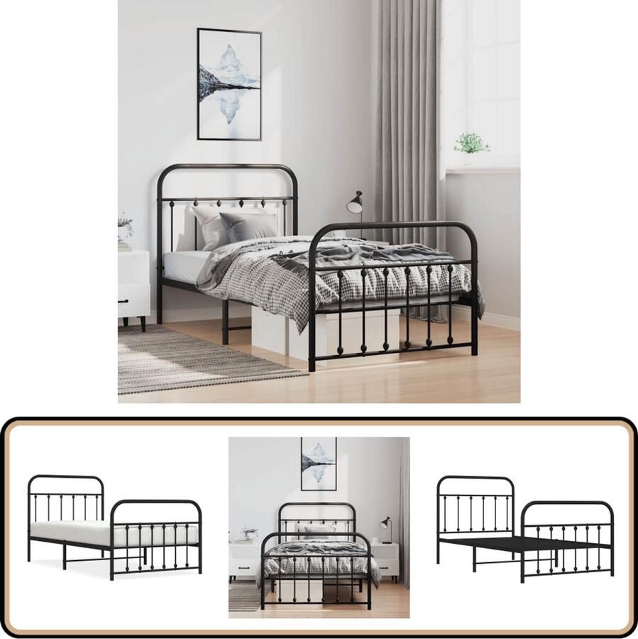 VidaXL Bedframe Metaal Zwart 100x190 cm Metalen Bed Frame Klassiek Bed Zwarte Bed Staal Bedframe Enkelpersoons Bed Boxspring Bed