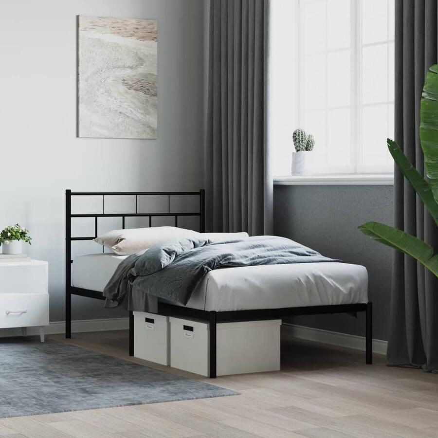 VidaXL Bedframe metaal zwart 100x190 cm Metalen Bedframe Klassiek Bed Zwart Bed Boxspring Bed Logeerbed Staal Bedframe Bed Met Hoofdbord - Foto 2