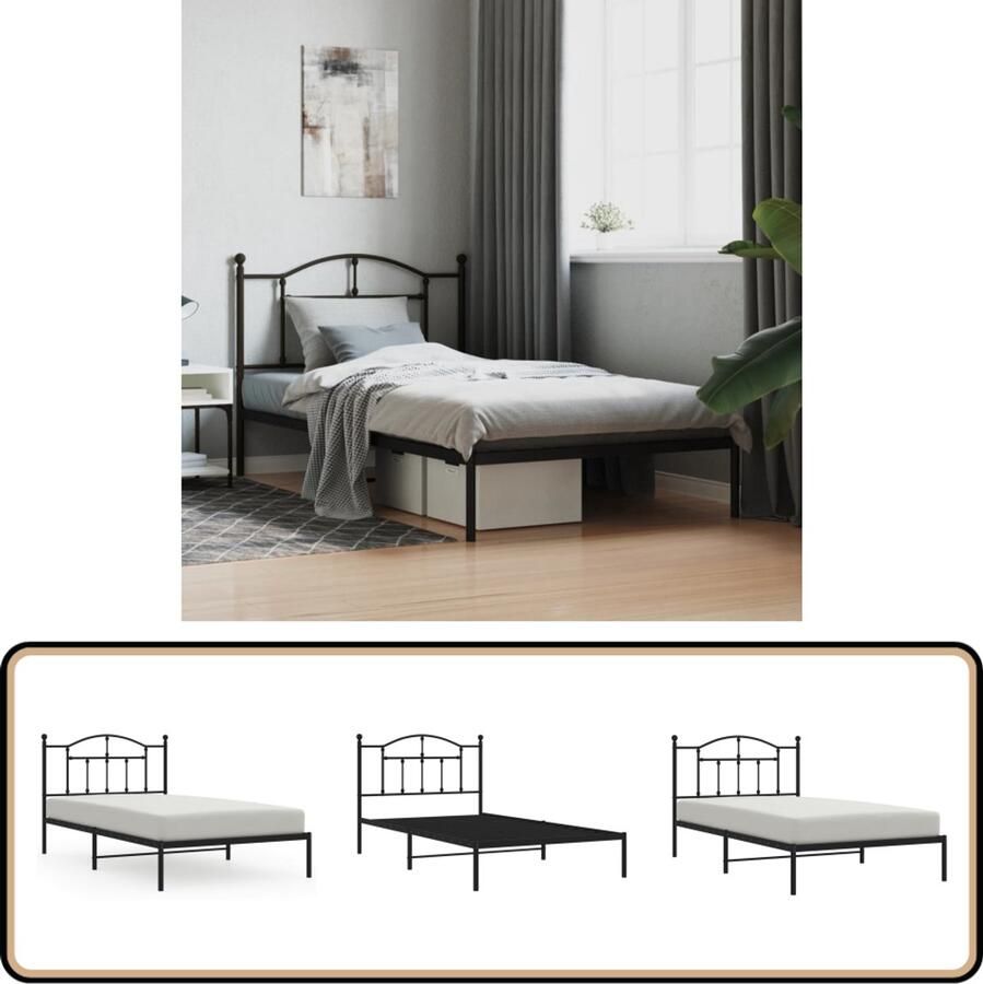 VidaXL Bedframe Metaal Zwart 107x203 cm Met Hoofdbord Metalen Bedframe Staal Bedframe Klassiek Bedframe Zwart Bedframe Boxspring Bed Tweepersoons Bed King Size Bed