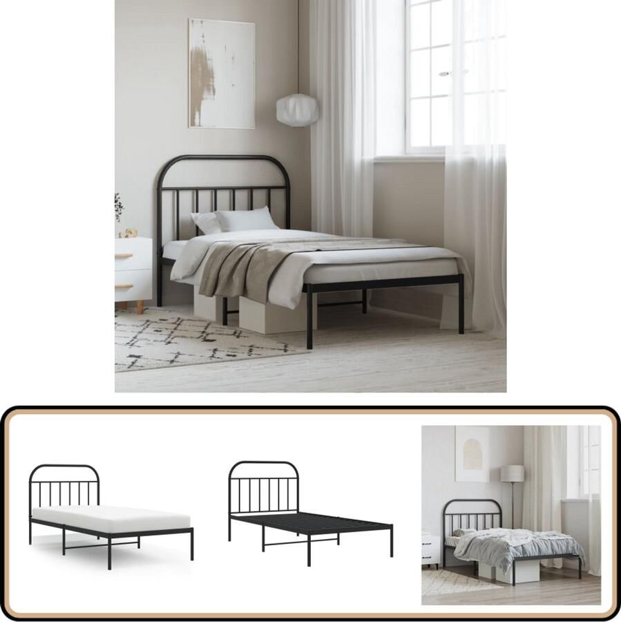 VidaXL Bedframe Metaal Zwart 107x203 cm Metalen Bed Frame Tweepersoons Bed Zwarte Bedbank Boxspring Bed Hoofdbord Bed Met Opbergruimte Budget Bed