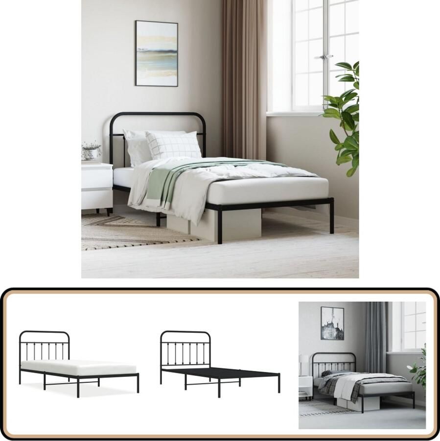 VidaXL Bedframe Metaal Zwart 107x203 cm Robuust Bed Frame Metalen Bedframe Staal Bedframe Klassiek Bedframe Boxspring Bed Hoofdbord Tweepersoons Bed Modern Bed Minimalistisch Bed Slaapkamer Meubels