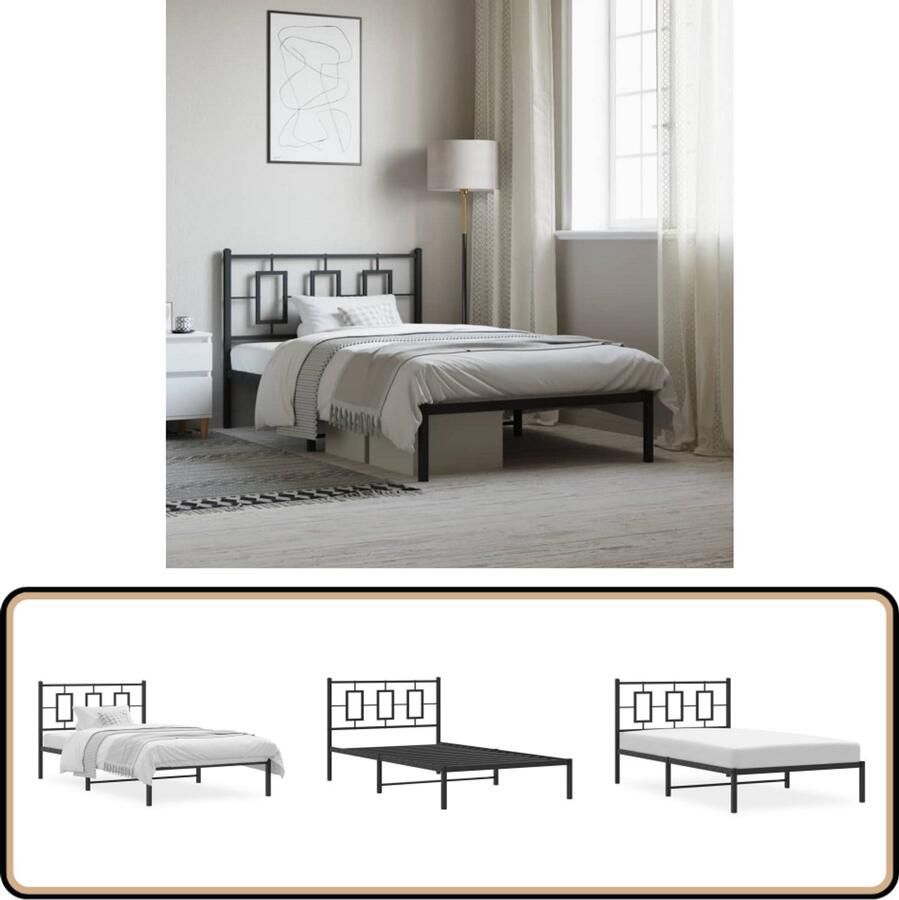 VidaXL Bedframe Metaal Zwart 107x203 cm Robuust Bed Frame Staal Bedframe Zwarte Bedframe Tweepersoons Bed Boxspring Frame Hoofdbord Bed Modern Bed Minimalistisch Bed Elegante Bed Slaapcomfort Duurzaam Bed Stabiel Bed