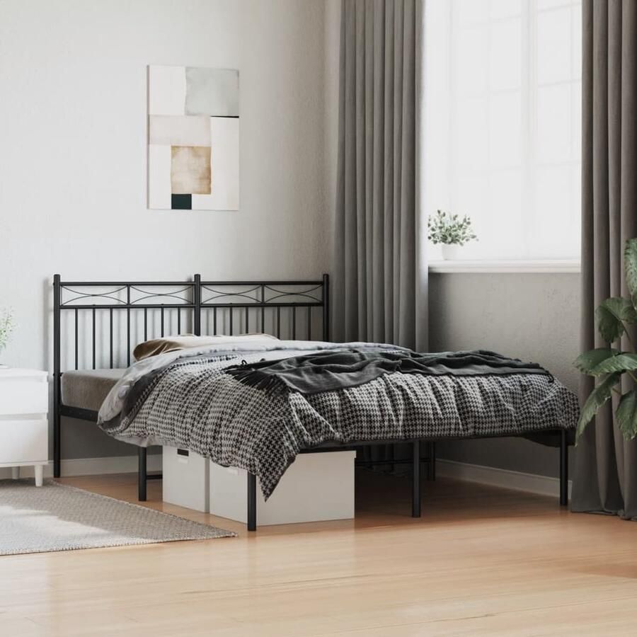 VidaXL Bedframe Metaal Zwart 135x190 cm Klassieke Bed Frame Metalen Bedframe Zwarte Bedframe Tweepersoons Bed Boxspring Frame Bed Met Hoofdbord