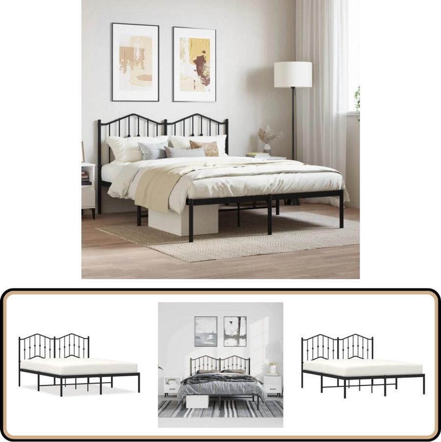 VidaXL Bedframe Metaal Zwart 135x190 cm Staal Frame Metalen Bed Tweepersoonsbed Boxspring Bed Hoofdbord Zwarte Bedbank Modern Bed Minimalistisch Bed Compact Bed Slaapcomfort Ruime Slaapkamer Budgetvriendelijke Bed