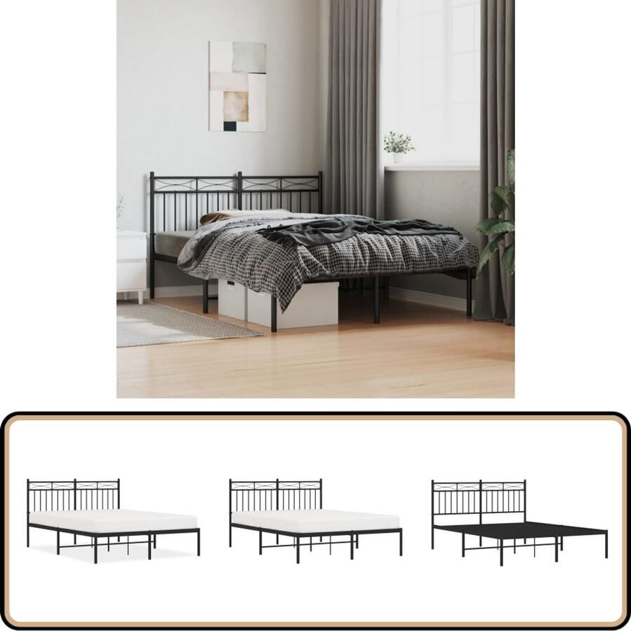 VidaXL Bedframe Metaal Zwart 140x200 cm Robuust Bed Frame Klassiek Bed Metalen Bedframe Tweepersoons Bed Zwarte Bed Hoofdbord Bed