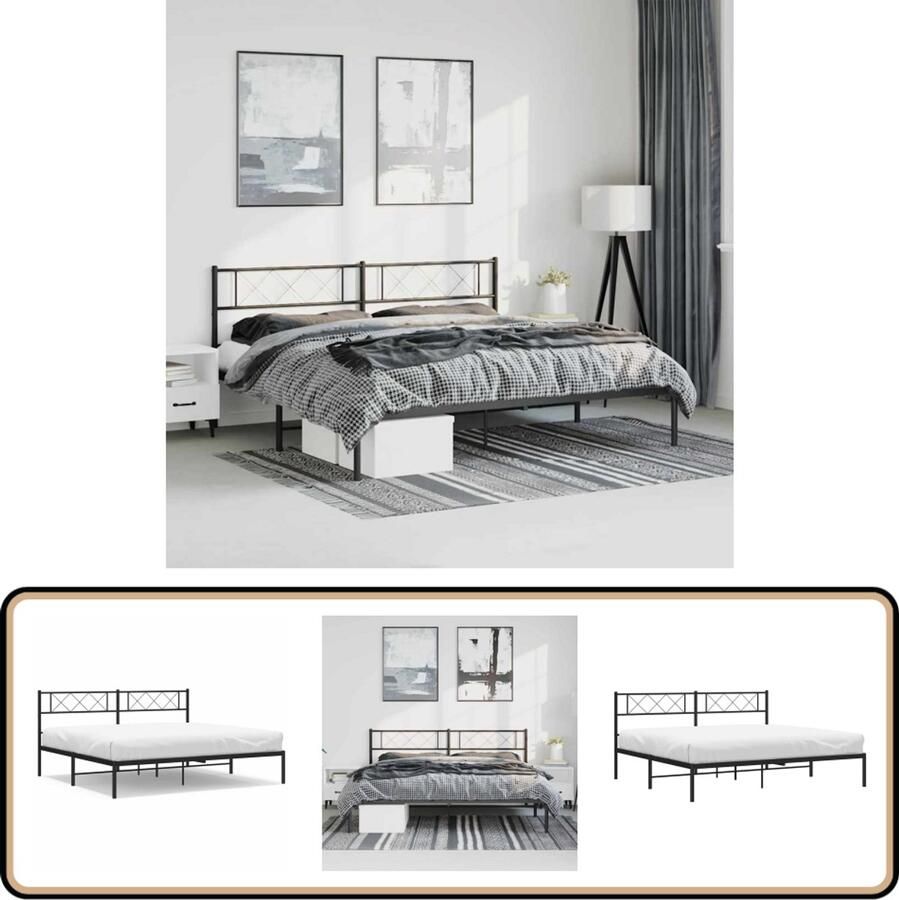 VidaXL Bedframe Metaal Zwart 183x213 cm Robuust Bed Frame Klassiek Bed Metalen Bed Tweepersoons Bed Zwarte Bed Hoofdbord Bed