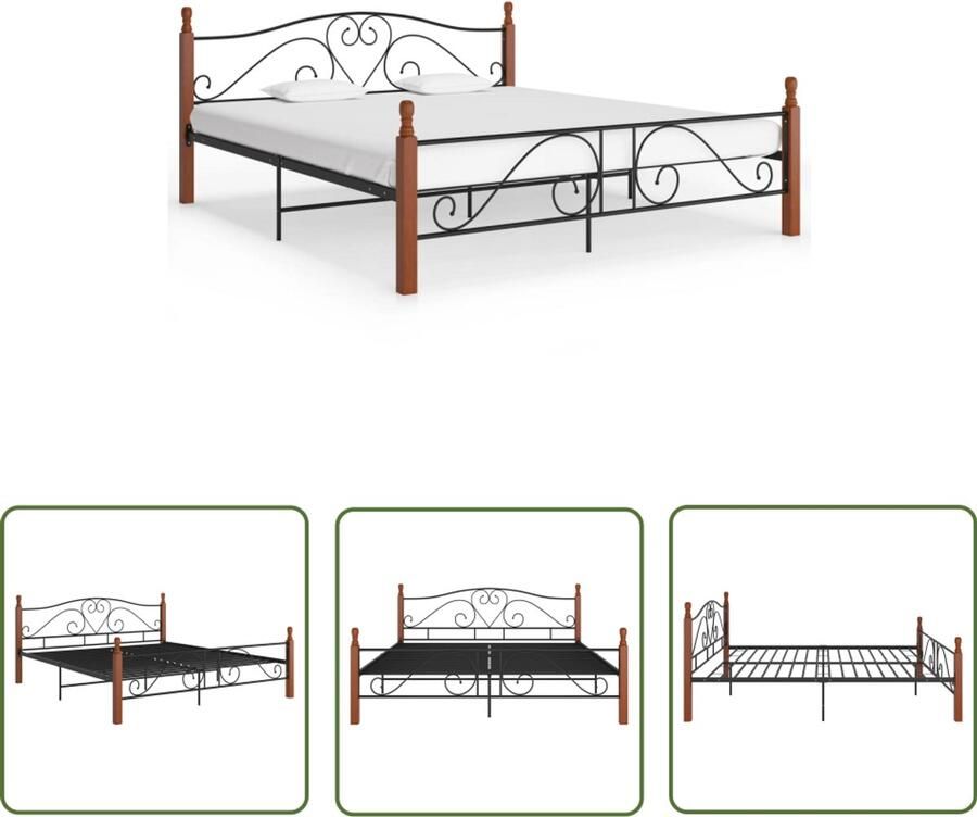 VidaXL Bedframe Metaal Zwart 200x200 cm Metalen Bed Frame Donker Hout Bed Tweepersoons Bed Zwarte Bedpost Hoofdbord Bed Boxspring Bed Slaapcomfort Bedroom Furniture Modern Bed Frame Minimalistisch Bed