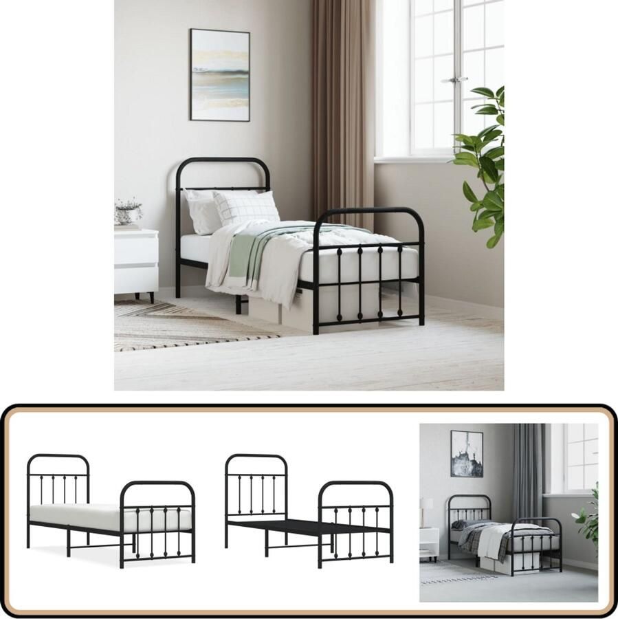 VidaXL Bedframe Metaal Zwart 75x190 cm Robuust Bed Frame Klassiek Bed Metalen Bedframe Zwarte Bed Staal Bedframe Eenpersoons Bed Boxspring Bed
