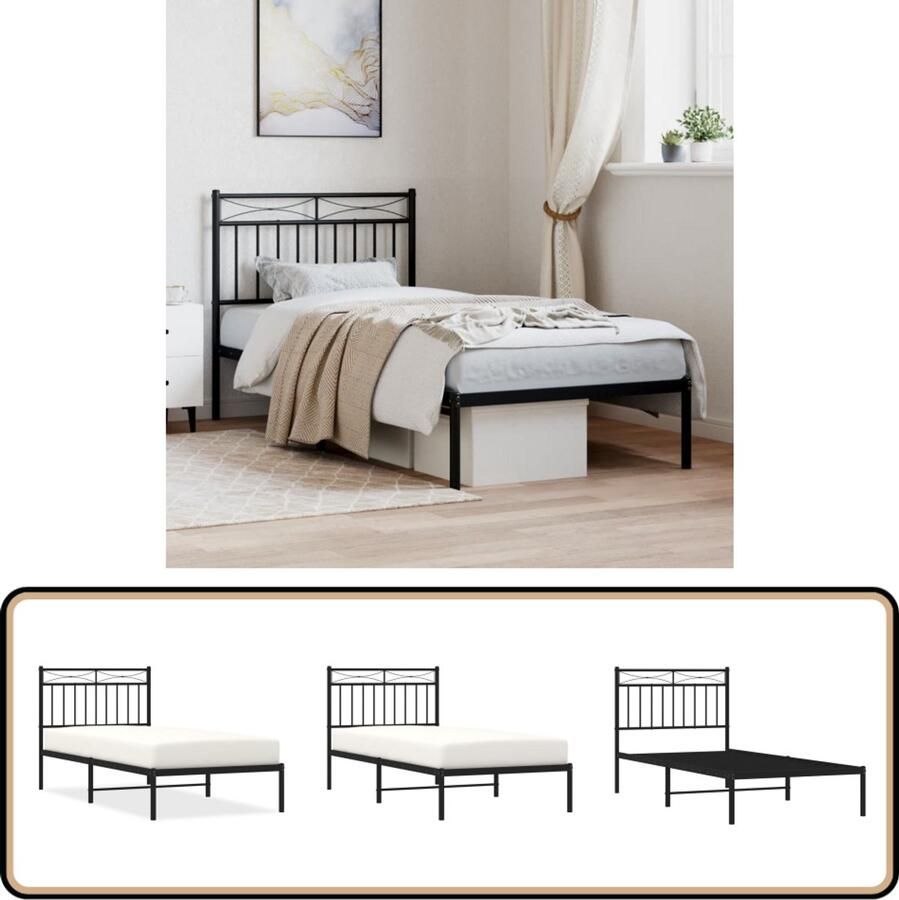 VidaXL Bedframe Metaal Zwart 90x190 cm Met Hoofdbord Metalen Bedframe Zwart Boxspring Bed Logeerbed Staal Bedframe Tweepersoons Bed