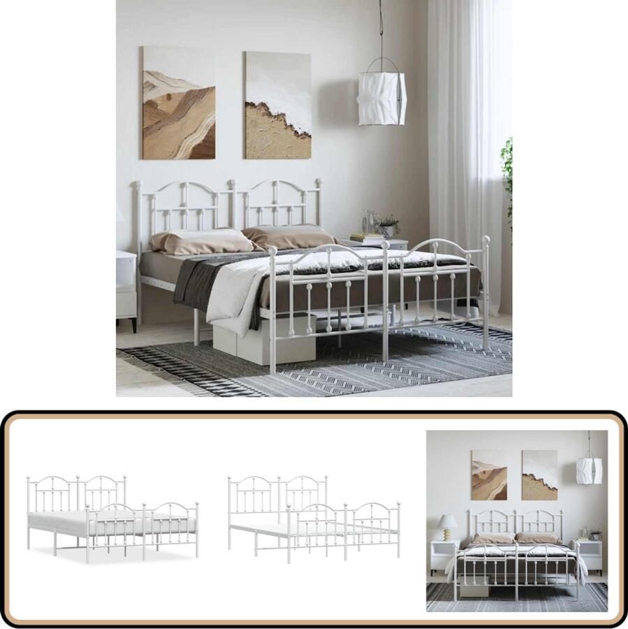 VidaXL Bedframe Metalen bed 135x190 cm Wit Klassieke Bed Frame Metalen Bedframe Wit Bedframe Staal Bedframe Boxspring Bed Tweepersoons Bed King Size Bed