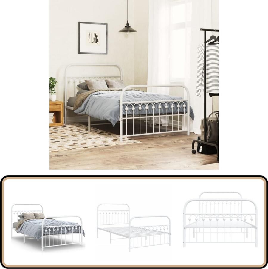 VidaXL Bedframe Metalen Bed Wit 107x203 cm Klassieke Bed Frame Metalen Bedframe Staal Bedframe Wit Bedframe Bed Frame Met Opbergruimte