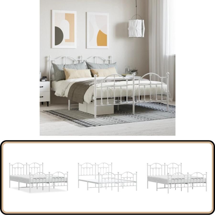 VidaXL Bedframe Metalen Wit 140x190 cm Metalen Bed Frame Klassiek Bed Boxspring Bed Slaapcomfort Witte Bed