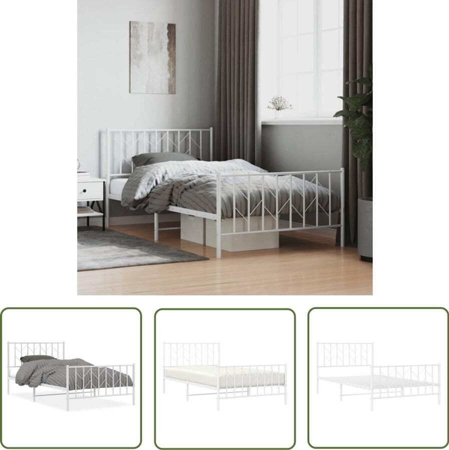 VidaXL Bedframe met hoofd- en voeteneinde metaal wit 107x203 cm Slaapcomfort Bedframe Houten Bed Tweepersoonsbed King Size Bed