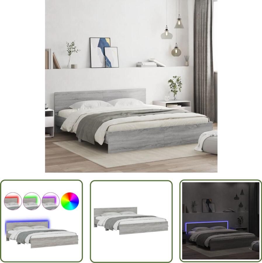 VidaXL Bedframe Slaapcomfort Bedframe met hoofdeinde en LED-licht grijs sonoma 180x200 cm Boxspring Tweepersoonsbed Designbed