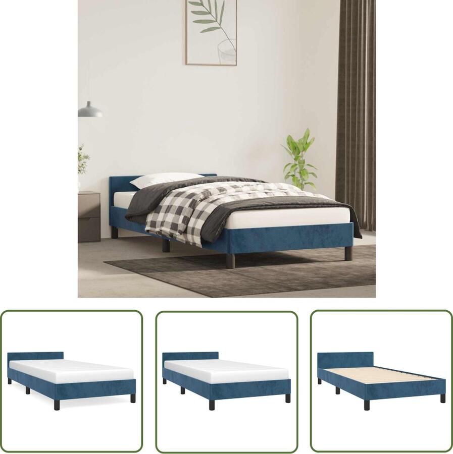 The Living Store Bedframe Zacht Fluweel Donkerblauw 193 x 93 x 50 cm Ondersteunende poten Multiplex lattenbodem Slaapcomfort Bedframe Velvet Bed Donkere Kleuren Tweepersoonsbed