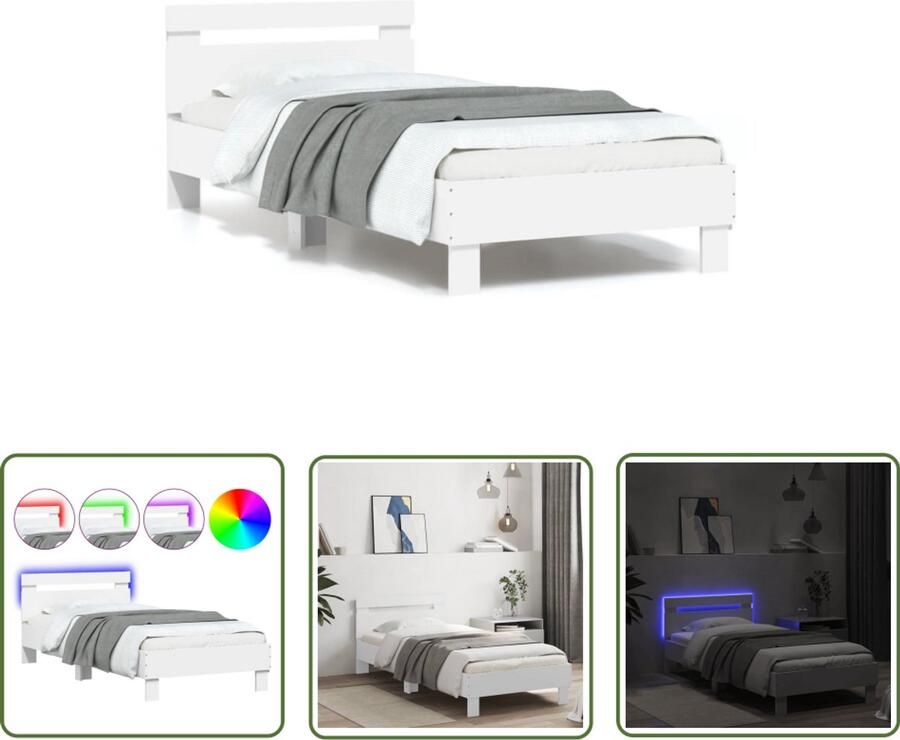 VidaXL Bedframe met hoofdbord en LED-verlichting wit 90x200 cm Slaapkamers Bedframe Houten Bed Led Verlichting Modern Bed