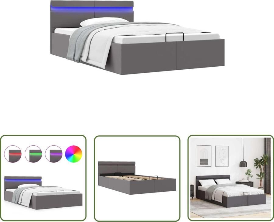 The Living Store Bedframe Grijs Kunstleren bekleding 120 x 200 cm Met opbergvak Hydraulisch gasveermechanisme LED-strip Afstandsbediening Slaapkamers Bedframe Boxspring Led Verlichting Kunstleder