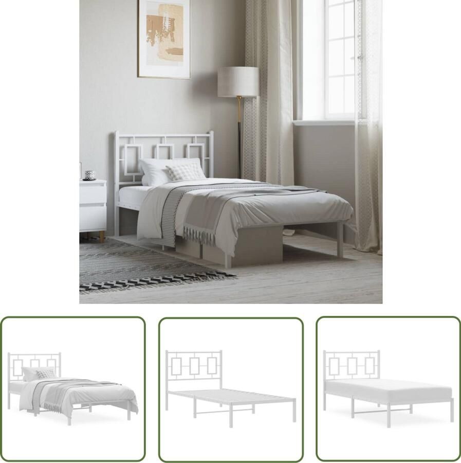 VidaXL Bedframe Slaapkamersdecoratie Bedframe met hoofdbord metaal wit 90x200 cm Staalbed Wit Bed Tweepersoonsbed