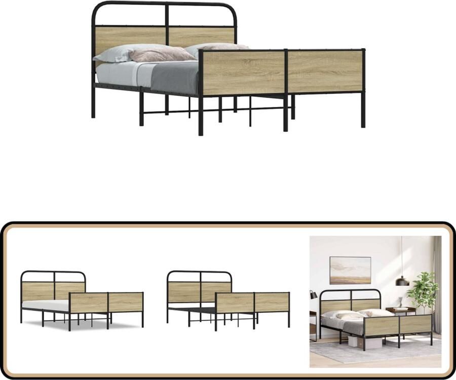 VidaXL Bedframe Sonoma Eiken 135x190 cm Staal & Hout Bed Frame Houten Bed Met Hoofdbord Sonoma Eiken Kleur Boxspring Bed