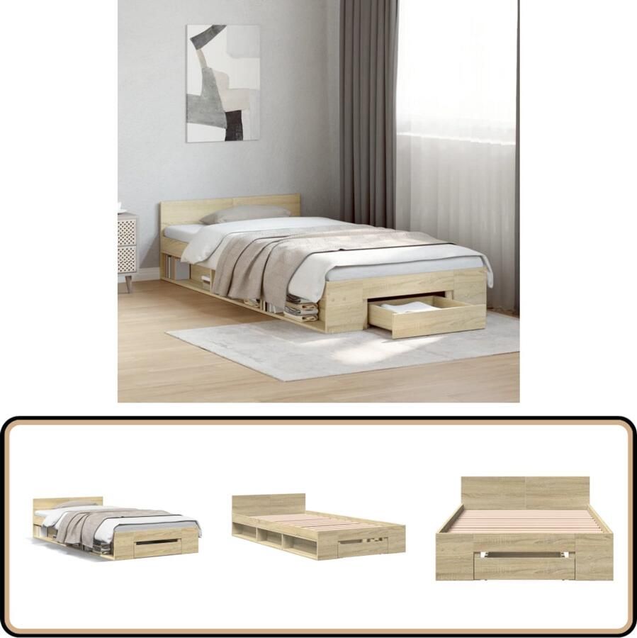 VidaXL Bedframe Sonoma Eiken 90x190 cm Met Lade Bed Frame Houten Bed Tweepersoonsbed Slaapkamersdecoratie Bruine Bedbank